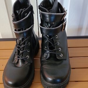 Black Ankle Boots with Buckle And Zipper Detail, Size 6 5 M